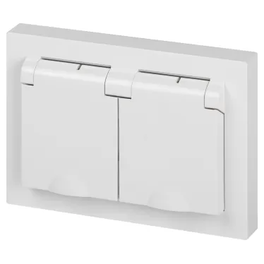 Розетка Intro Accent 6-210-01 2х2P+E Schuko с крышками штор., 16А-250В, IP44, СУ, AL/CU, белый