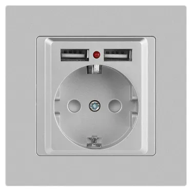 Розетка Intro Accent 6-410-03 , P+E Schuko со шторками, 16А-250В + 2хUSB, IP20, СУ, алюминий