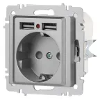 Розетка Intro Accent 6-410-03 , P+E Schuko со шторками, 16А-250В + 2хUSB, IP20, СУ, алюминий