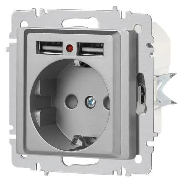 Розетка Intro Accent 6-410-03 , P+E Schuko со шторками, 16А-250В + 2хUSB, IP20, СУ, алюминий