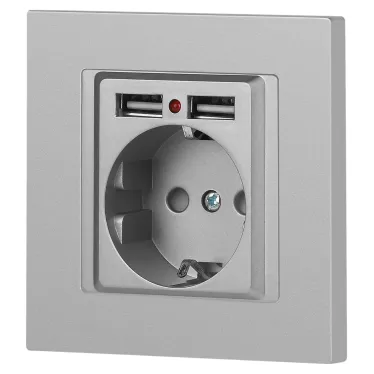 Розетка Intro Accent 6-410-03 , P+E Schuko со шторками, 16А-250В + 2хUSB, IP20, СУ, алюминий