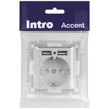 Розетка Intro Accent 6-410-03 , P+E Schuko со шторками, 16А-250В + 2хUSB, IP20, СУ, алюминий