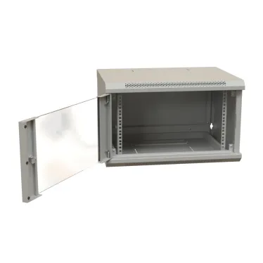 Шкаф настенный 19-дюймовый 19'' 6U 367x600х450мм стеклянная дверь с перфорацией ручка с замком серый RAL 7035 WRline''
