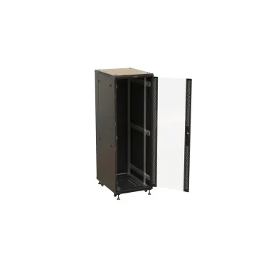 Шкаф напольный 19-дюймовый. 32U. 1610x600х800 мм (ВхШхГ). передняя стеклянная дверь со стальными перфорированными боковинами. задняя дверь сплошная. ручка с замком. цвет черный (RAL 9004) (разобранный)