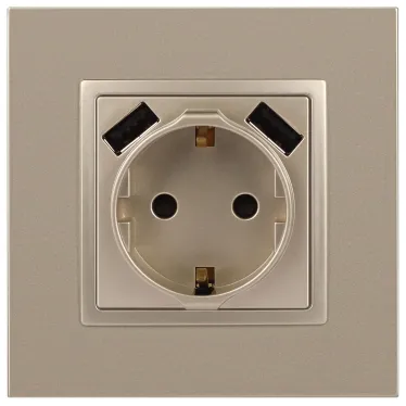 Розетка 2P+E 16A-250В, штор. с 2xUSB 5В-3А, Эра Elegance, шампань 14-4109-04