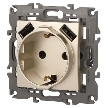 Розетка 2P+E 16A-250В, штор. с 2xUSB 5В-3А, Эра Elegance, шампань 14-4109-04