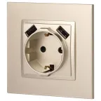 Розетка 2P+E 16A-250В, штор. с 2xUSB 5В-3А, Эра Elegance, шампань 14-4109-04