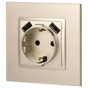 Розетка 2P+E 16A-250В, штор. с 2xUSB 5В-3А, Эра Elegance, шампань 14-4109-04