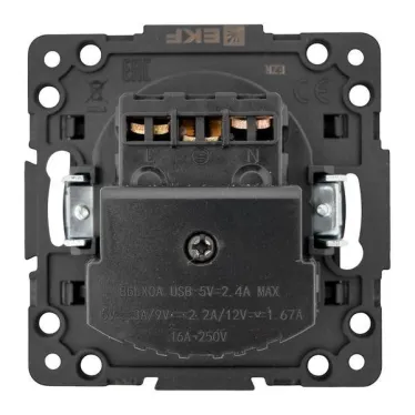 Стокгольм Механизм Розетки 1-местной с/з, USB 2A 16А винтовые клеммы черный с защ. штор. EKF