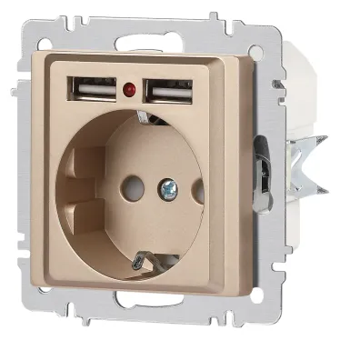 Розетка Intro Accent 6-410-04 , P+E Schuko со шторками, 16А-250В + 2хUSB, IP20, СУ, шампань