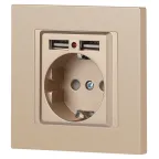 Розетка Intro Accent 6-410-04 , P+E Schuko со шторками, 16А-250В + 2хUSB, IP20, СУ, шампань
