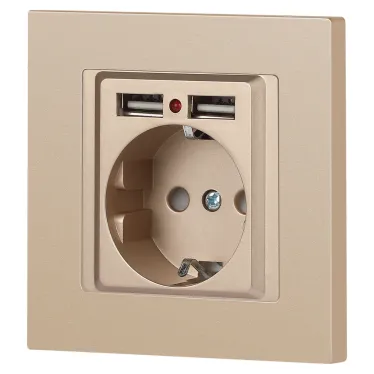 Розетка Intro Accent 6-410-04 , P+E Schuko со шторками, 16А-250В + 2хUSB, IP20, СУ, шампань
