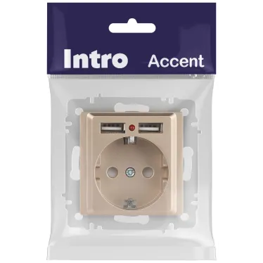 Розетка Intro Accent 6-410-04 , P+E Schuko со шторками, 16А-250В + 2хUSB, IP20, СУ, шампань