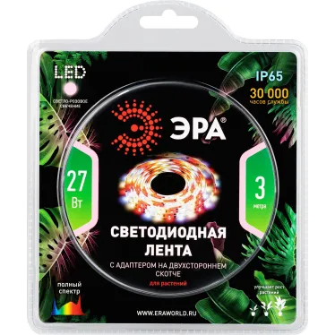 Лента светодиодная для растений полного спектра 3м IP65, с адаптером 12V в комплекте FITO-Strip Light-Rа90-3m ЭРА