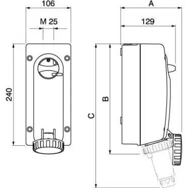 Розетка наружной установки IP67 32А 3P+E 400В с механической блокировкой и боковым расположением разъема