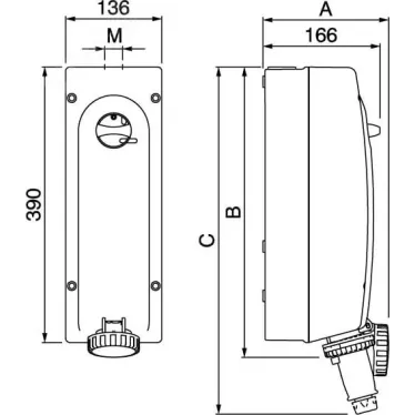Розетка наружной установки IP67 63А 3P+E 400В с механической блокировкой и боковым расположением разъема