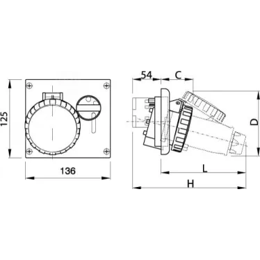 Розетка скрытой установки IP67 16А 3P+E+N 400В с механической блокировкой и верхним расположением разъема