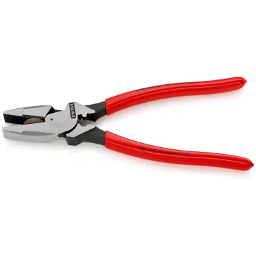 Плоскогубцы электромонтёра Linemans Pliers с приспособлением для протяжки кабеля и обжима кабельных наконечников рез: проволока средней твёрдости 46 мм твёрдая проволока 3 мм L-240 мм чёрные обливные рукоятки блистер