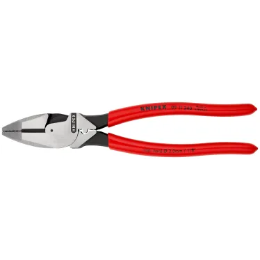 Плоскогубцы электромонтёра Linemans Pliers с приспособлением для протяжки кабеля и обжима кабельных наконечников рез: проволока средней твёрдости 46 мм твёрдая проволока 3 мм L-240 мм чёрные обливные рукоятки блистер