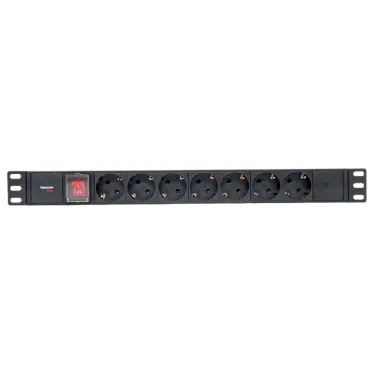 Блок розеток PDU TERACOM PRO 19' 1U 10А/250В 7 роз. Schuko с выключателем без шнура питания вх. разъем C14 корпус алюминий черный