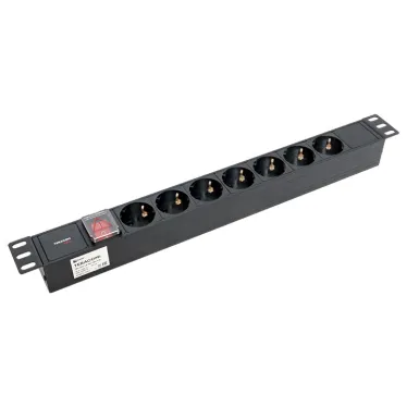 Блок розеток PDU TERACOM PRO 19' 1U 10А/250В 7 роз. Schuko с выключателем без шнура питания вх. разъем C14 корпус алюминий черный