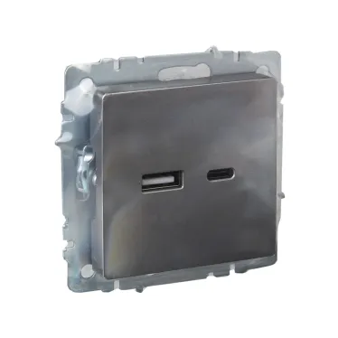 BRITE Розетка USB A+C 18Вт РЮ11-1-БрС сталь