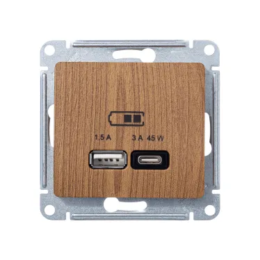 GLOSSA USB РОЗЕТКА A + тип-C 45W высокоскор.заряд. QC, PD, механизм, ДЕРЕВО ДУБ