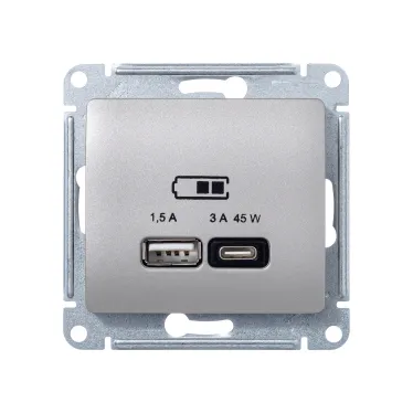 GLOSSA USB РОЗЕТКА A + тип-C 45W высокоскор.заряд. QC, PD, механизм, ПЛАТИНА