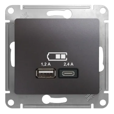 GLOSSA USB РОЗЕТКА A+С, 5В/2,4А, 2х5В/1,2 А, механизм, ГРАФИТ