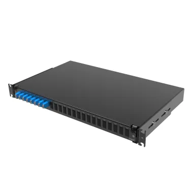 Полка оптическая выдвижная 1U с адатерами 8 х duplex LC OS2 в комплекте с лицевой панелью. пигтейлами. сплайс-кассет(ой/ами) и гильзами КДЗС