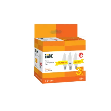 Лампа светодиодная C35 свеча 7Вт 230В 3000К E14 (3шт/упак) IEK