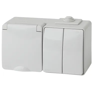 Блок розетка+выкл. двойн. гориз. IP65, 16A(10AX)-250В, ОУ, Эра Эксперт, серый, 11-7602-03