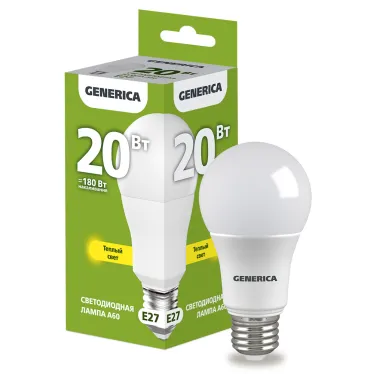 Лампа светодиодная A60 груша 20Вт 230В 3000К E27 GENERICA