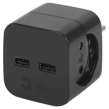 Разветвитель электрический SP-2-USB-B на 2 розетки + 2xUSB 2400mA, без заземл 10А (черный)