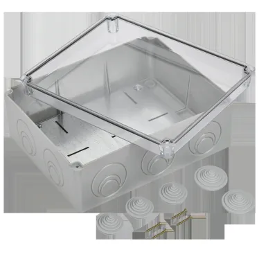 Коробка КМ41346 распаячная для открытой проводки 240х195х90мм IP55 (RAL7035 монтажная плата кабельные вводы 5 шт)