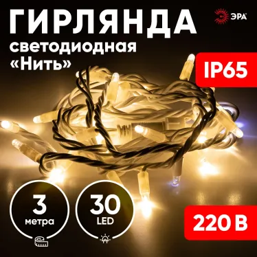 Светодиодная новогодняя гирлянда нить белый каучук 3 м тёплый свет 30 LED, IP65 ERAPS-WK3