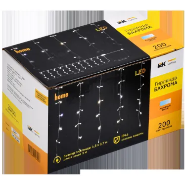 LIGHTING Гирлянда бахрома 4,5х0,7м 200 светодиодов белый свет IP44 прозрачный шнур 3м 230В мерцание транзит IEK