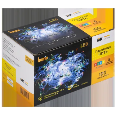 LIGHTING Гирлянда нить 10м 100 светодиодов RGB свет IP44 прозрачный шнур 3м 230В контроллер 8 сцен IEK