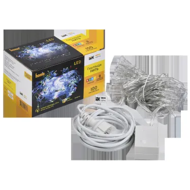 LIGHTING Гирлянда нить 10м 100 светодиодов RGB свет IP44 прозрачный шнур 3м 230В контроллер 8 сцен IEK