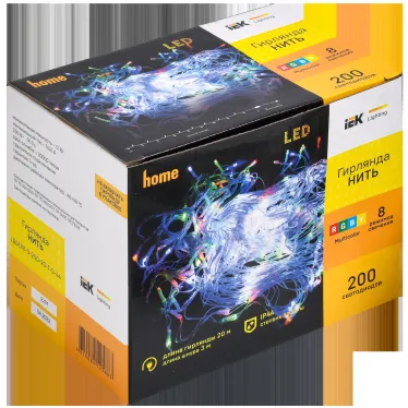 LIGHTING Гирлянда нить 20м 200 светодиодов RGB свет IP44 прозрачный шнур 3м 230В контроллер 8 сцен IEK