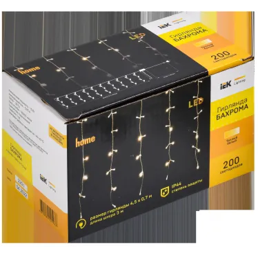 LIGHTING Гирлянда бахрома 4,5х0,7м 200 светодиодов теплый белый свет IP44 прозрачный шнур 3м 230В транзит IEK