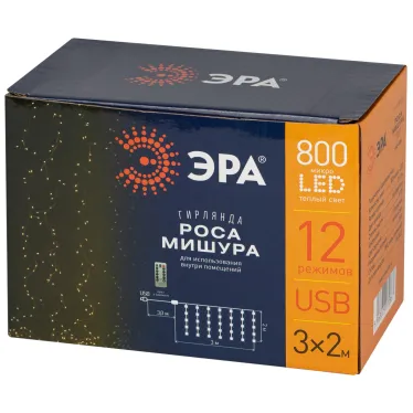 Гирлянда Занавес Роса-мишура, 3*2 м, 800 microLED, теплый свет, ПДУ, IP20 ENIZ-800W