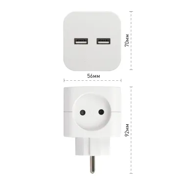 Разветвитель электрический SP-2-USB-W на 2 розетки + 2xUSB 2400mA, без заземл 10А (белый)