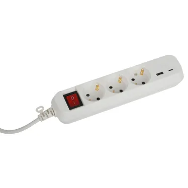 Удлинитель электрический UB-3es-1,5m-USB c заземлением с выключателем 3 розетки + 1xUSBA+1xUSBC 1,5м 10А