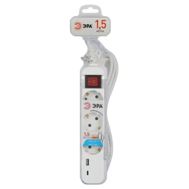 Удлинитель электрический UB-3es-1,5m-USB c заземлением с выключателем 3 розетки + 1xUSBA+1xUSBC 1,5м 10А