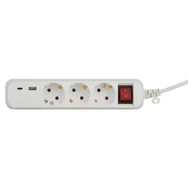 Удлинитель электрический UB-3es-3m-USB c заземлением с выключателем 3 розетки + 1xUSBA+1xUSBC 3м 10А