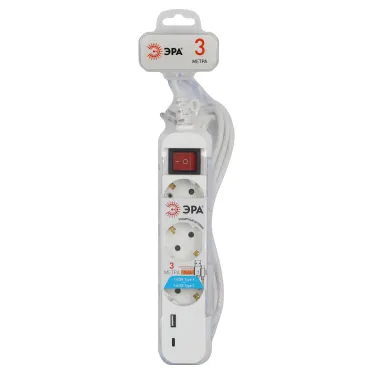 Удлинитель электрический UB-3es-3m-USB c заземлением с выключателем 3 розетки + 1xUSBA+1xUSBC 3м 10А