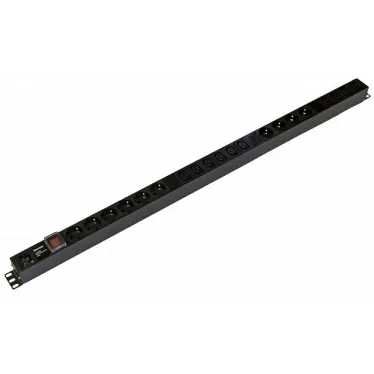 Блок розеток. вертикальный. 10 розеток Schuko. 10 розеток IEC320 C13. выключатель с подсветкой. без кабеля питания. входной разъем IEC320 C20 16A. 250В. корпус алюминий. черный
