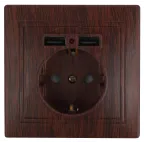 Розетка Intro Plano 1-410-10 с заземлением 2P+E Schuko со шторками, 16А-250В + 2хUSB 5В-2,1А, IP20, СУ, венге