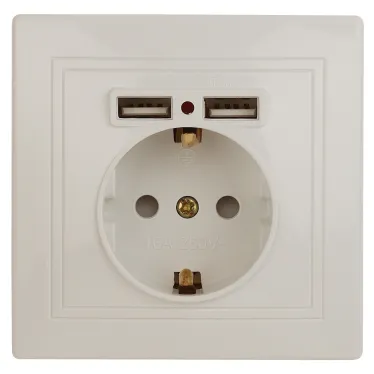 Розетка Intro Plano 1-410-02 с заземлением 2P+E Schuko со шторками, 16А-250В + 2хUSB 5В-2,1А, IP20, СУ, слоновая кость